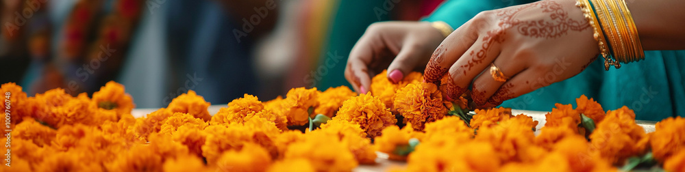 Indian woman dressed in Hindu holding orange marigold flowers for decoration house or temple. Indian wedding. Hindu Puja. Festival Vishu celebration. Ugadi, Gudi Padwa, Diwali. Copyspace banner Indian woman dressed in Hindu holding orange marigold flowers for decoration house or temple. Indian wedding. Hindu Puja. Festival Vishu celebration. Ugadi, Gudi Padwa, Diwali. Copyspace banner