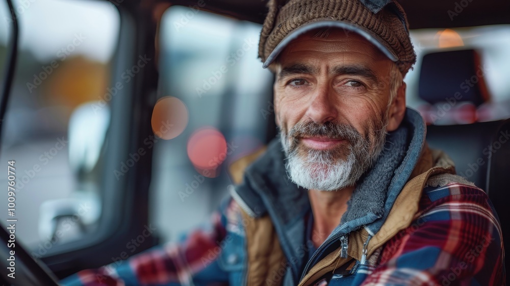 Truck driver enjoying a hot coffee break after a lengthy journey on the open road Truck driver enjoying a hot coffee break after a lengthy journey on the open road