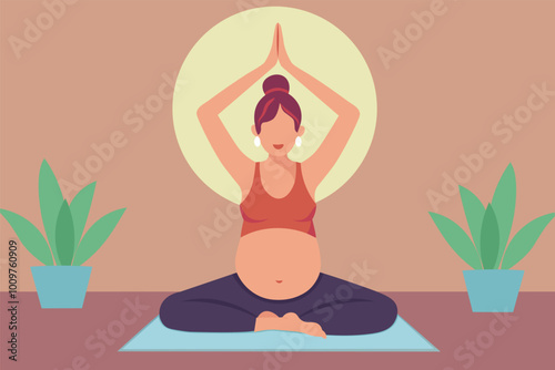 Young pregnant woman doing yoga exercise stretching body. Vector flat illustration