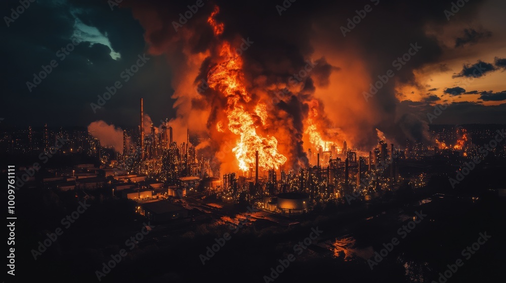 Large industrial fire engulfs city skyline at night with thick smoke and bright flames rising