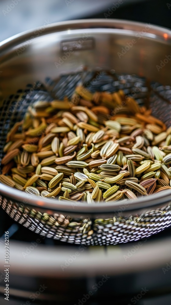 Naklejka premium Straining fennel seeds through a fine sieve in a kitchen for culinary uses and flavor enhancement