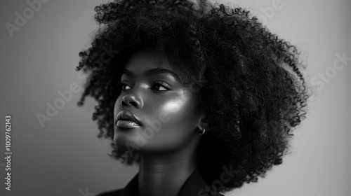 Elegant black woman with natural afro hairstyle poses in minimalist monochrome fashion setting