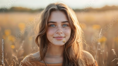 A joyful teenage girl enjoying a sunny day in a vibrant, blooming field