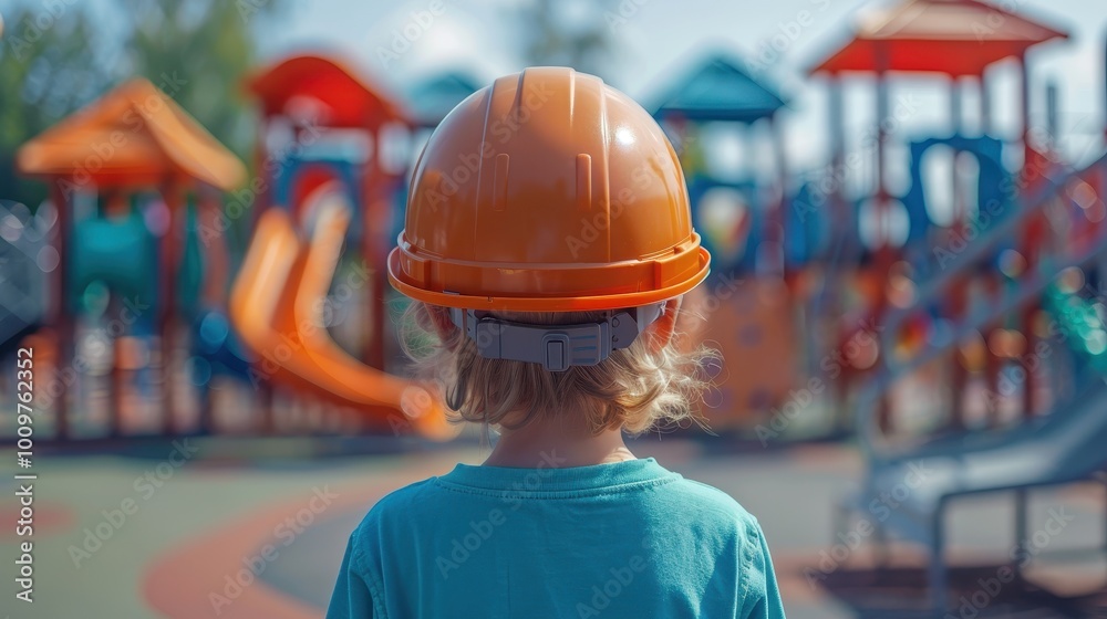A young boy with a hard hat explores a colorful outdoor playground with slides and play structures A young boy with a hard hat explores a colorful outdoor playground with slides and play structures