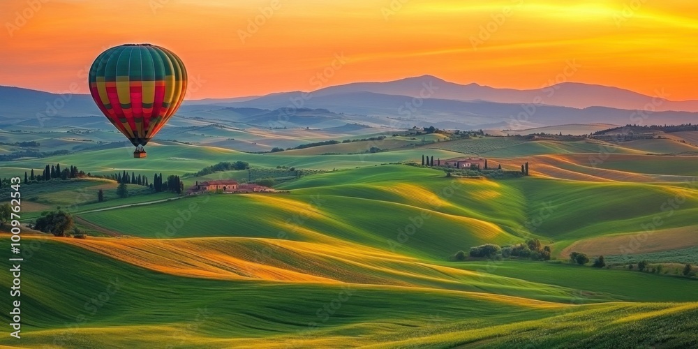 Obraz premium hot air balloon over the rolling hills of tuscany