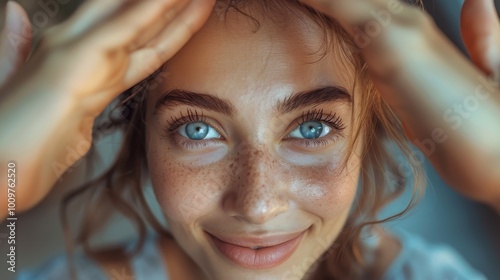 Shy model smiling while framing her face with hands in a soft, natural light setting