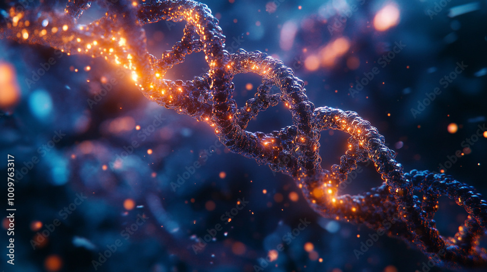 Close-up view of a glowing DNA double helix surrounded by a cosmic atmosphere at night Close-up view of a glowing DNA double helix surrounded by a cosmic atmosphere at night