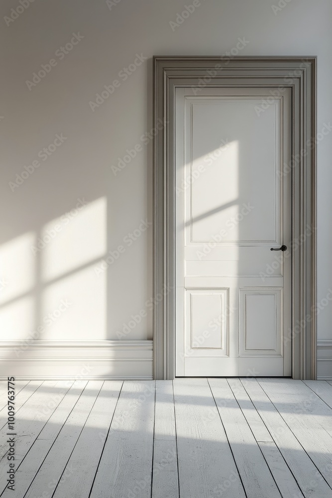 Obraz premium Bright morning light streaming through a white room with a door and wooden floor