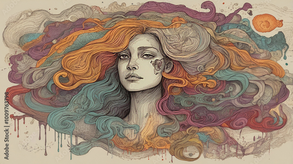 Mental health concept, imaginary woman and metaphorical depiction of anxiety, depression, introspection and eventually solution Mental health concept, imaginary woman and metaphorical depiction of anxiety, depression, introspection and eventually solution