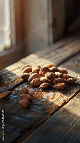 A collection of almonds arranged on a rustic wooden table illuminated by soft natural light