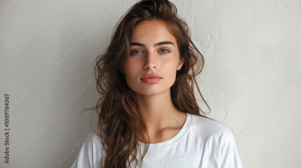 Latina woman in a plain oversized white t-shirt posing against a neutral background Latina woman in a plain oversized white t-shirt posing against a neutral background