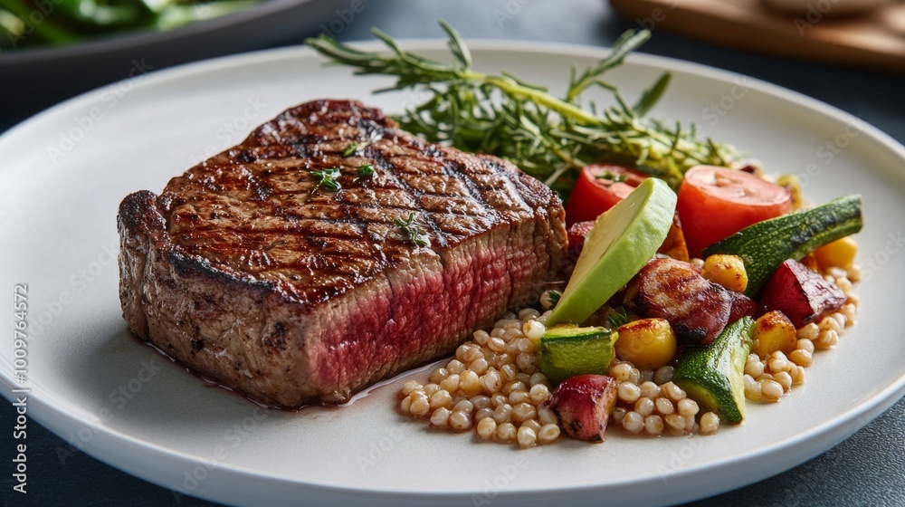 Delicious grilled steak served with fresh vegetables and sliced avocado on a white plate Delicious grilled steak served with fresh vegetables and sliced avocado on a white plate