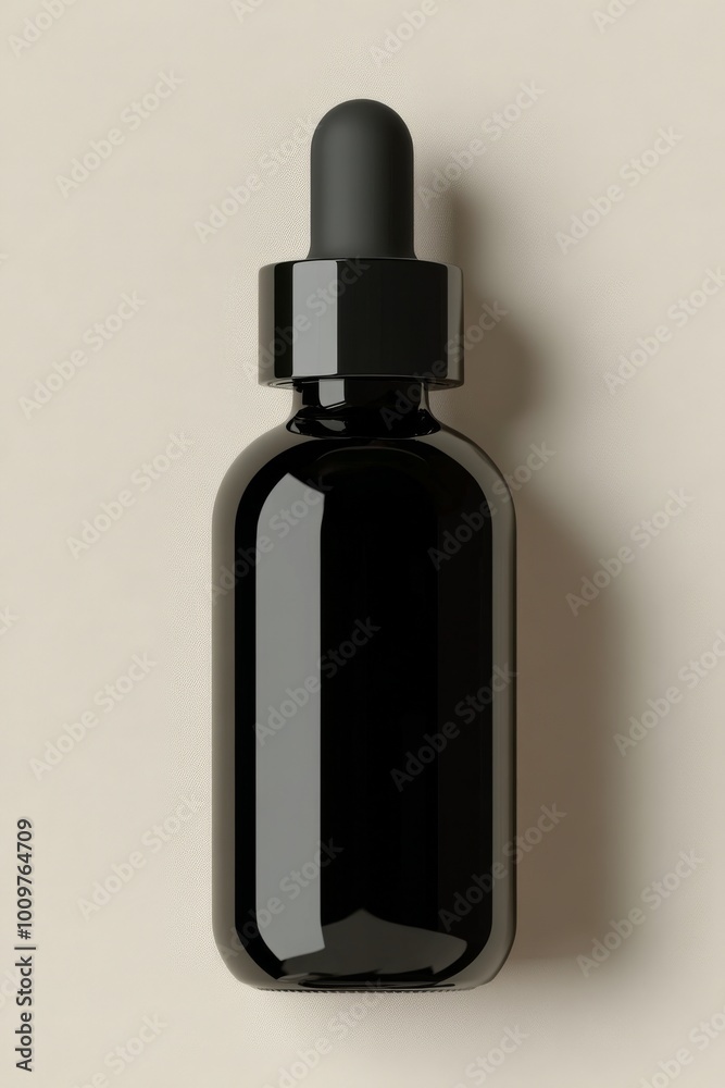Elegant black dropper bottle on simple beige background showcasing a minimalist design