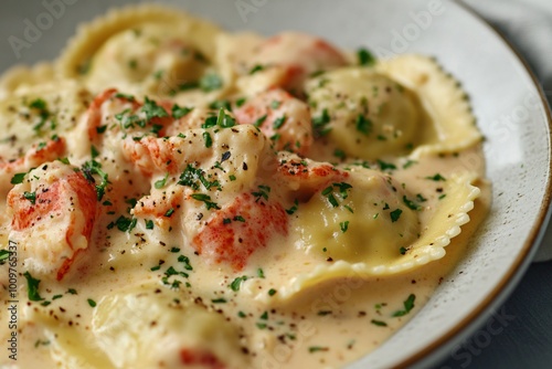 Close up of ravioli with lobster, cream sauce, parsley, and pepper in a white bowl.