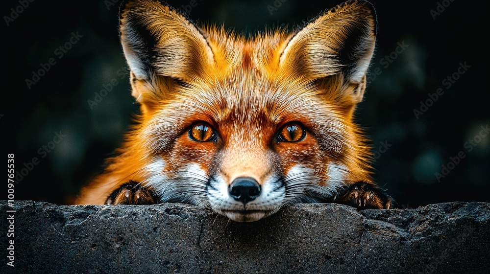 Fototapeta premium A close-up of a red fox peeks out from behind a stone wall, with trees in the background