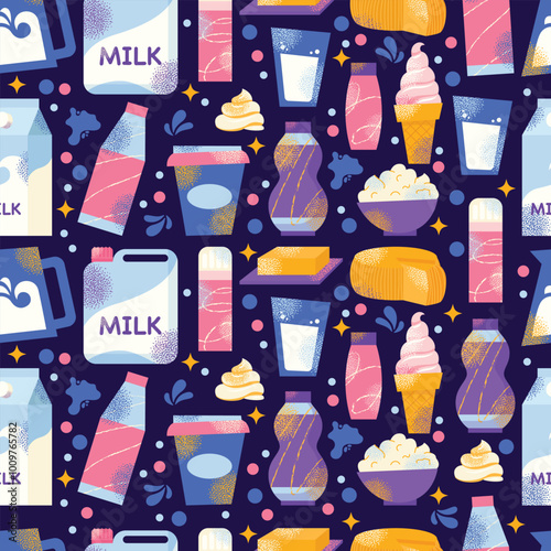 Dairy products seamless pattern. Milk, kefir and yogurt, cardboard packaging containers bottle. Different cheese, butter and cream. Organic farm healthy food vector illustration isolated on background