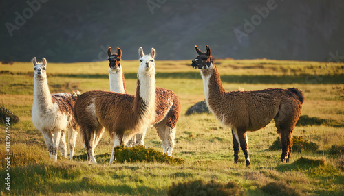 Multiple llamas stand tall against a vibrant backdrop, bathed in the warm glow of the setting sun