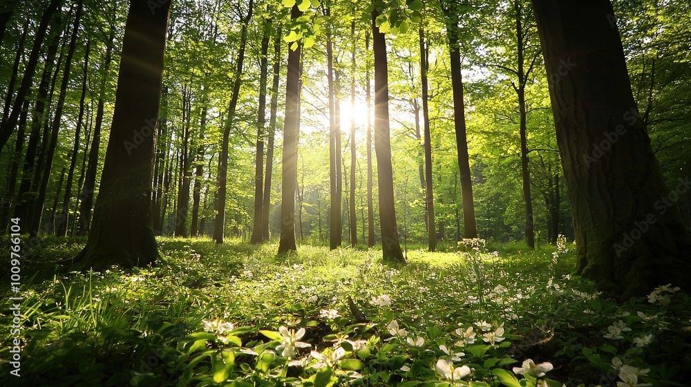 Obraz premium The sun illuminates the dense forest of tall trees, casting rays onto a sea of lush green grass and vibrant wildflowers