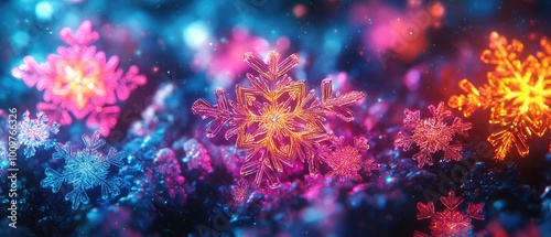 Vibrant Snowflakes on Abstract Glowing Background: Winter, Nature, and Festive Imagery