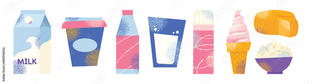 Dairy products set. Milk, kefir and yogurt, cardboard packaging containers, bottle. Different cheese, butter and cream. Organic farm healthy food vector illustration isolated on background Dairy products set. Milk, kefir and yogurt, cardboard packaging containers, bottle. Different cheese, butter and cream. Organic farm healthy food vector illustration isolated on background