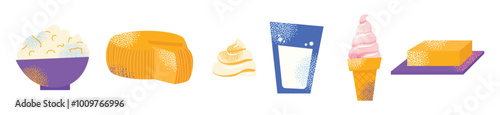 Dairy products set. Milk, kefir and yogurt, cardboard packaging containers, bottle. Different cheese, butter and cream. Organic farm healthy food vector illustration isolated on background