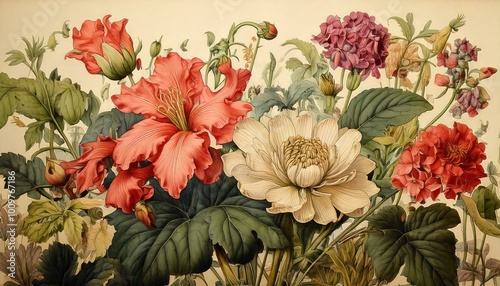 Vintage botanical illustration with detailed flowers and plants, in an antique-style layout