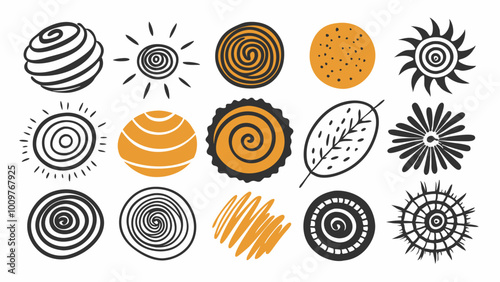 set of Decorative round grunge elements. Hand drawn spot, doodle sunburst and spiral. Pencil drawing abstract circle shapes. photo