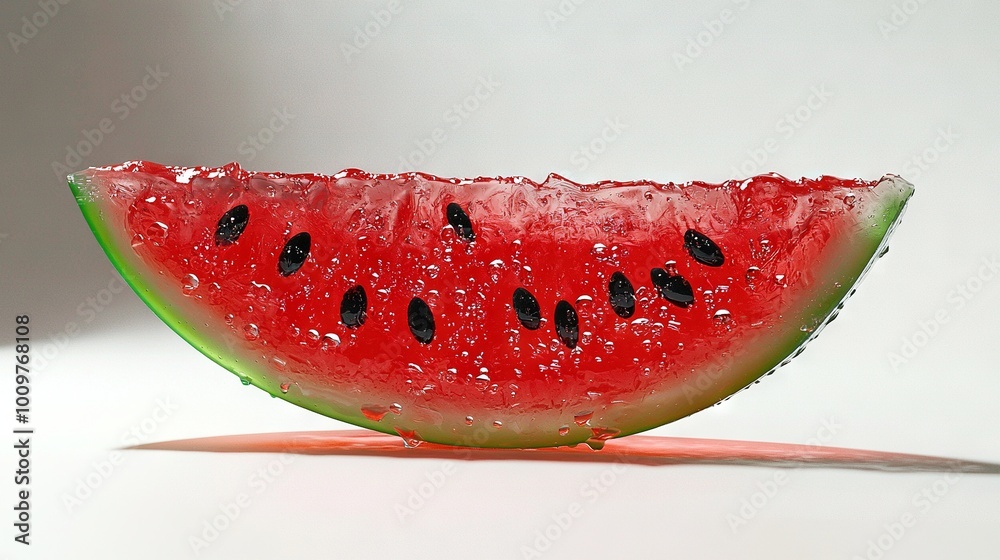 A watermelon slice rests atop a white table, adjacent to another slice of watermelon A watermelon slice rests atop a white table, adjacent to another slice of watermelon