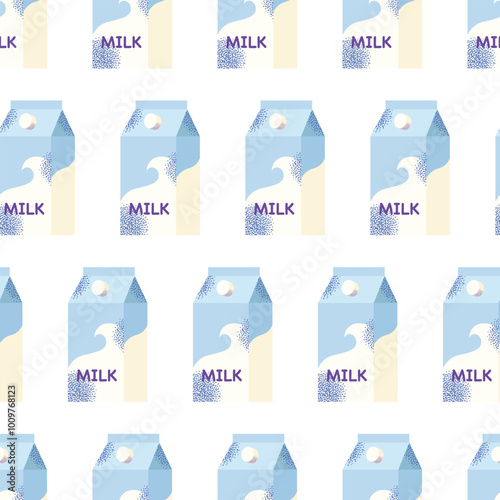 Dairy products seamless pattern. Milk, kefir and yogurt, cardboard packaging containers bottle. Different cheese, butter and cream. Organic farm healthy food vector illustration isolated on background