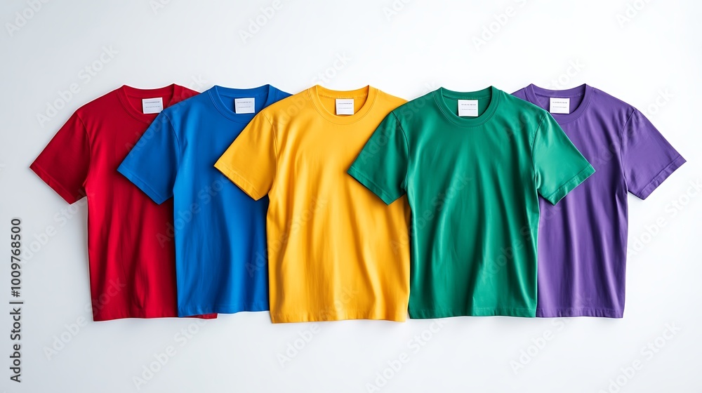 High-Quality Set of Five Plain, Multicolored T-Shirts in Red, Yellow, Green, Pink, and Blue on an Isolated White Background, Perfect for Custom Print Design Templates and Apparel Branding High-Quality Set of Five Plain, Multicolored T-Shirts in Red, Yellow, Green, Pink, and Blue on an Isolated White Background, Perfect for Custom Print Design Templates and Apparel Branding