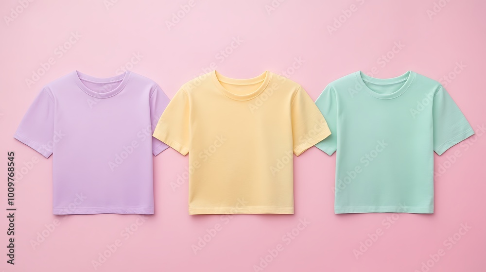 A collection of blank t-shirts in a variety of pastel shades—mint green, lavender, sky blue, soft pink, and light yellow—arranged in a cascading pattern on a light wooden surface, giving the banner A collection of blank t-shirts in a variety of pastel shades—mint green, lavender, sky blue, soft pink, and light yellow—arranged in a cascading pattern on a light wooden surface, giving the banner