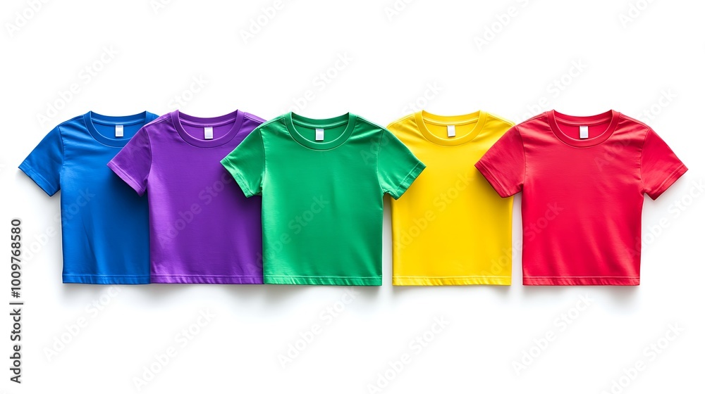 Vibrantly Colored Blank T-Shirts in Red, Yellow, Green, Pink, and Blue on a White Background, Perfect for Apparel Design Mockups and Custom Printing Projects Vibrantly Colored Blank T-Shirts in Red, Yellow, Green, Pink, and Blue on a White Background, Perfect for Apparel Design Mockups and Custom Printing Projects