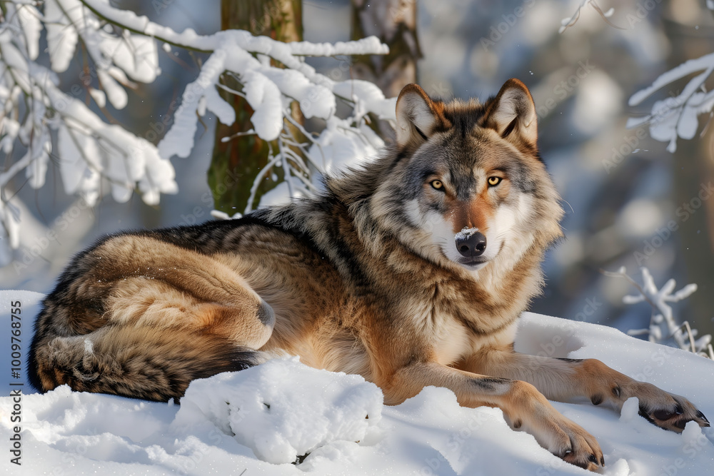 Gray wolf on a snowy day in forest. High quality photo Gray wolf on a snowy day in forest. High quality photo