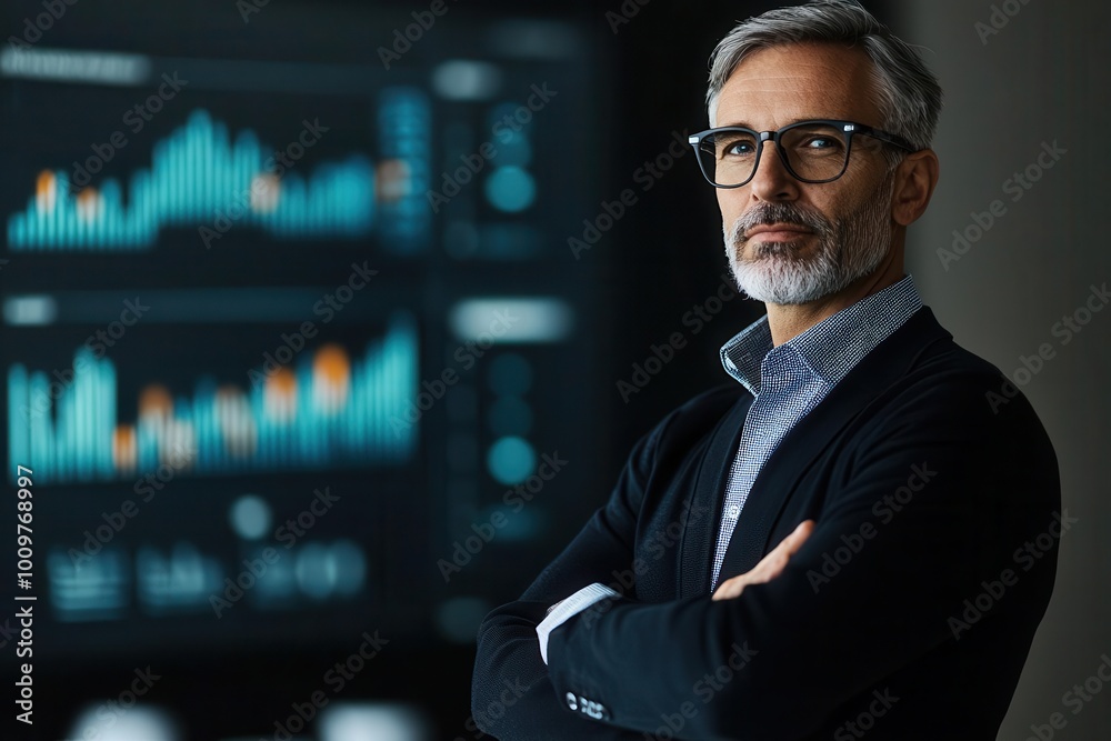 Fototapeta premium Confident businessman with glasses standing in front of data charts, showcasing professional analysis and modern technology.