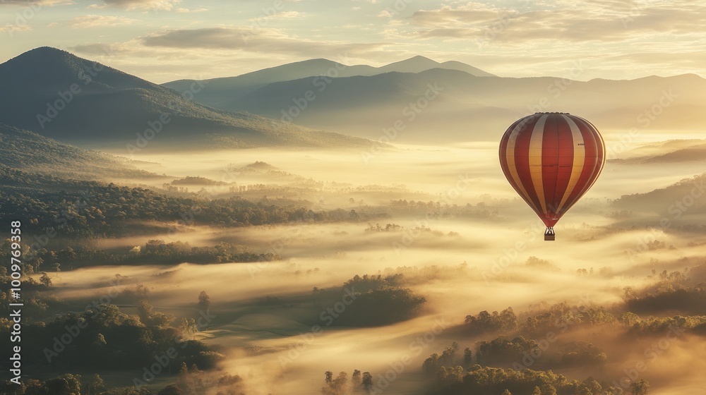 Fototapeta premium Hot Air Balloon Soaring Above Misty Mountains