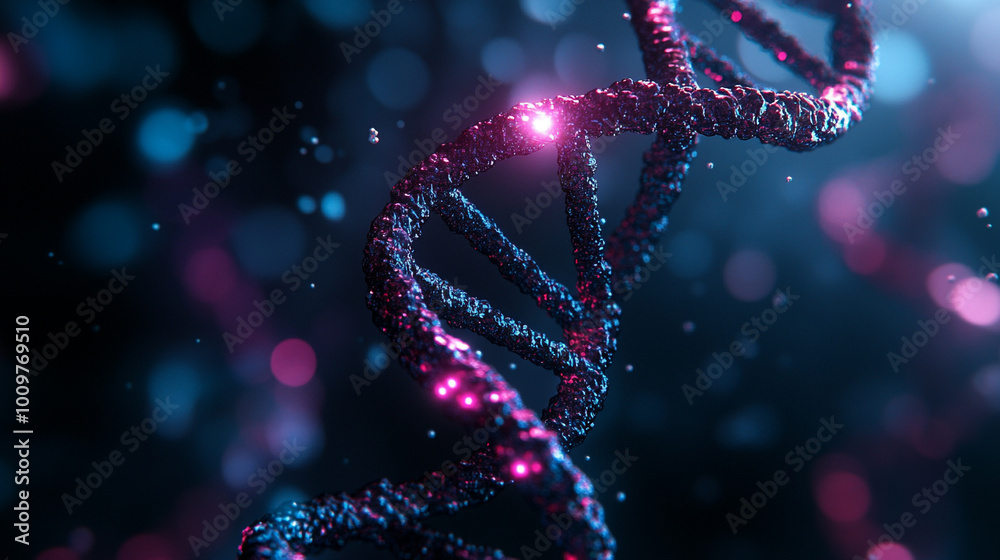 Colorful close-up of a DNA double helix structure illuminated against a dark background Colorful close-up of a DNA double helix structure illuminated against a dark background
