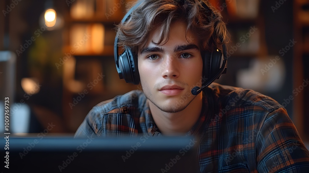 A young man with headphones sits in a dimly lit room, immersed in music or audio. A young man with headphones sits in a dimly lit room, immersed in music or audio.