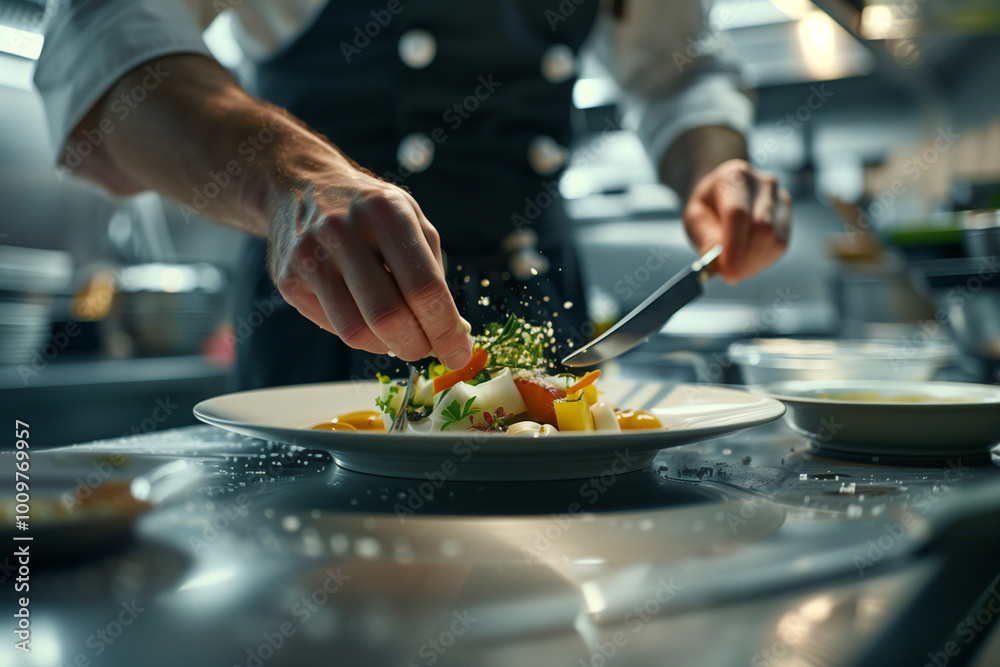 A chef meticulously garnishing a beautifully plated dish in a professional kitchen. The focus is on the chef's hands as they add finishing touches to the meal, showcasing culinary artistry A chef meticulously garnishing a beautifully plated dish in a professional kitchen. The focus is on the chef's hands as they add finishing touches to the meal, showcasing culinary artistry