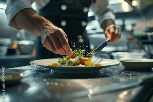 A chef meticulously garnishing a beautifully plated dish in a professional kitchen. The focus is on the chef's hands as they add finishing touches to the meal, showcasing culinary artistry