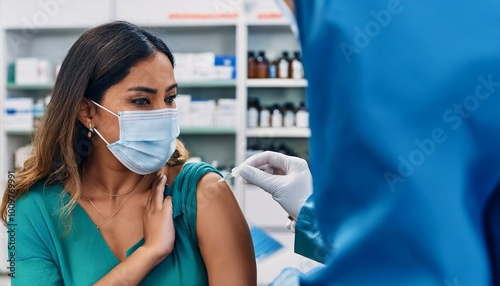 A woman receives a safe and professional vaccination at a welcoming pharmacy, ensuring her health and well-being with care and precision in a trusted environment.
