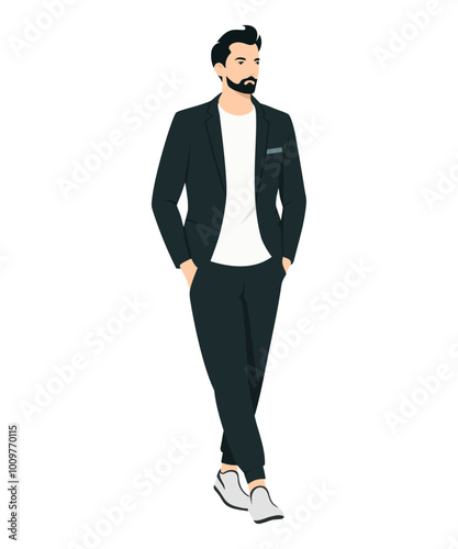 Vector illustration of a man in a black suit with classic shoes. Black suit for formal events