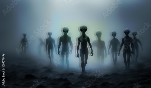 Illustration montrant un groupe d'extra terrestres avançant dans la brume , image floue