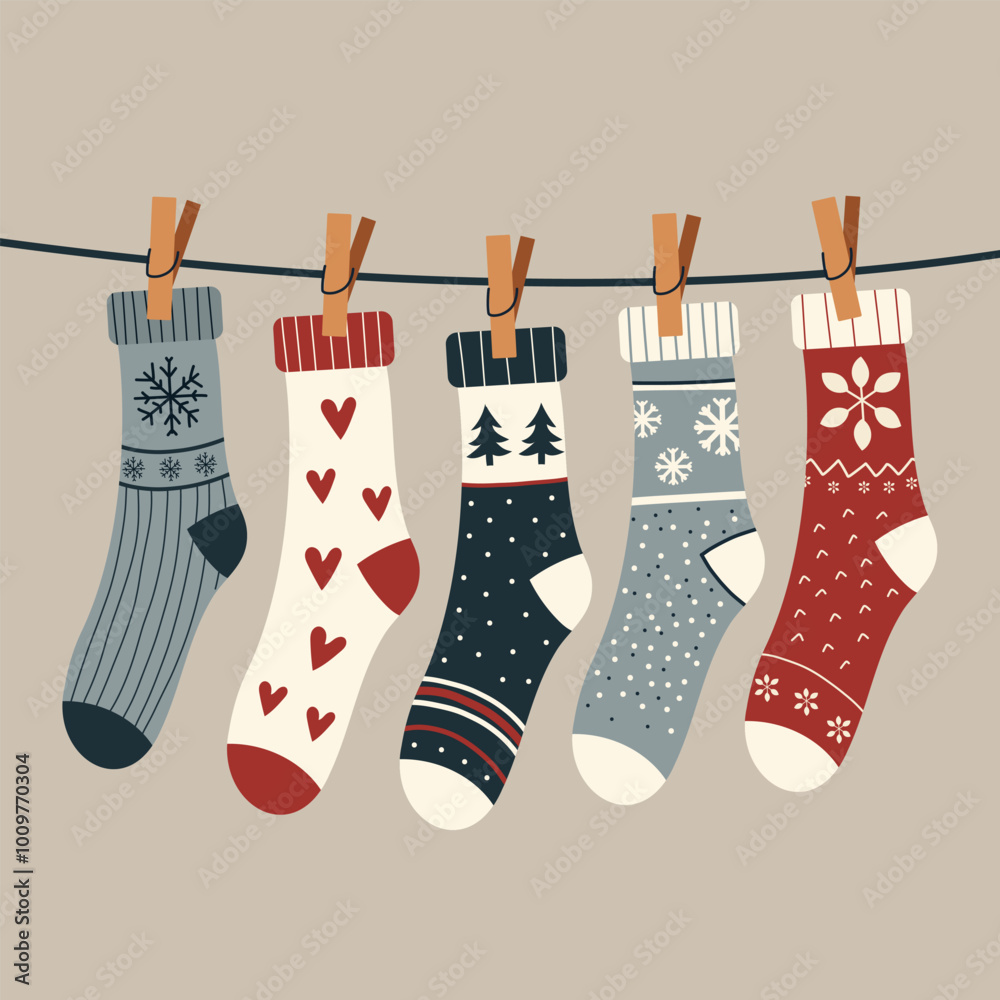 Set of winter cotton and woolen socks with different drawings, patterns, colors, and designs. Collection of cute winter footwear isolated on background. Colorful flat textured vector illustration.