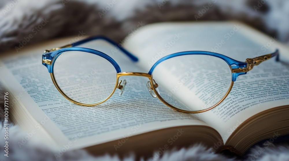 Blue glasses resting on an open book in a dimly lit study environment during the evening Blue glasses resting on an open book in a dimly lit study environment during the evening