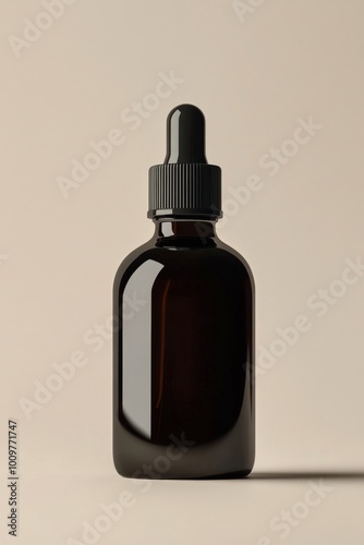 Elegant black dropper bottle on simple beige background showcasing a minimalist design