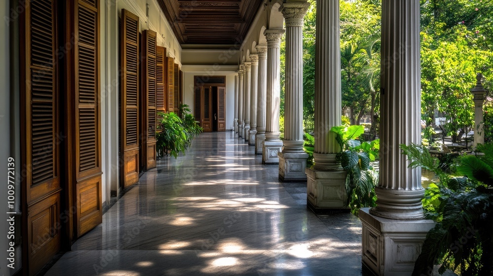 The front porch features elegant teak wood shutters and a marble floor, inviting views of vibrant greenery through wooden doors, bathed in warm sunlight The front porch features elegant teak wood shutters and a marble floor, inviting views of vibrant greenery through wooden doors, bathed in warm sunlight