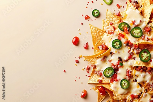 Close-up of nachos with melted cheese, jalapenos, tomatoes, and sauce.