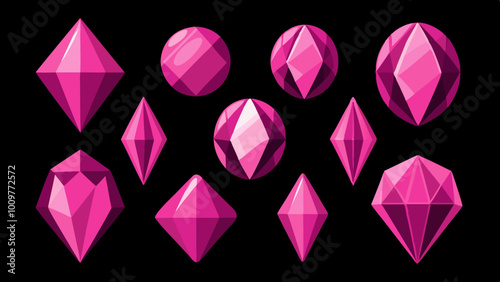 Set of pink gemstones of various shapes. Jewels on black background. Vector illustration