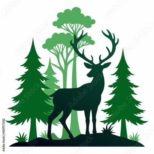 A deer with antlers in the forest silhouette vector illustration on white background