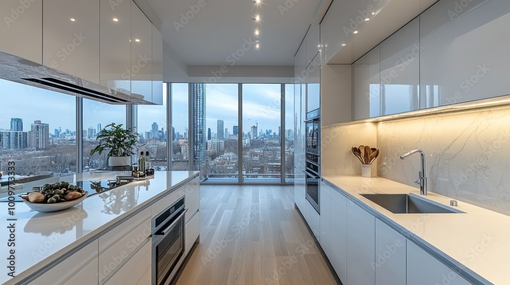 Fototapeta premium Modern kitchen with white cabinets and countertops, view of city from panoramic windows